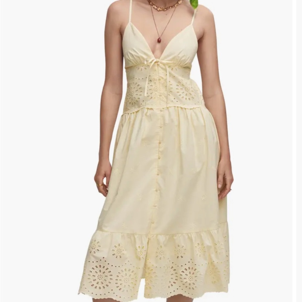 Mango Openwork Empire waist Cream Eyelet Button Midi Sundress